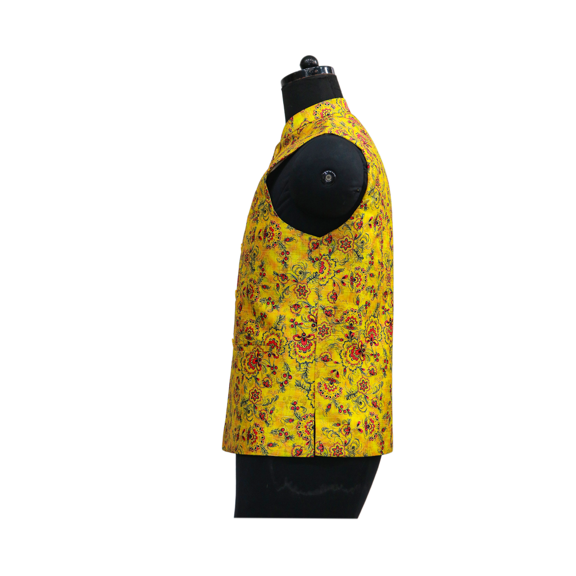 Men’s Yellow Floral Printed Nehru Jacket with Ivory Kurta  Pajama – Festive & Wedding Wear Set