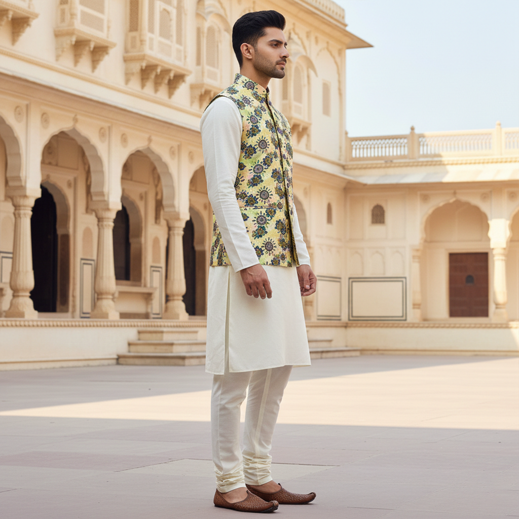 Men’s Yellow Floral Nehru Jacket with Ivory Kurta Pajama –  Elegant Festive Ethnic Wear