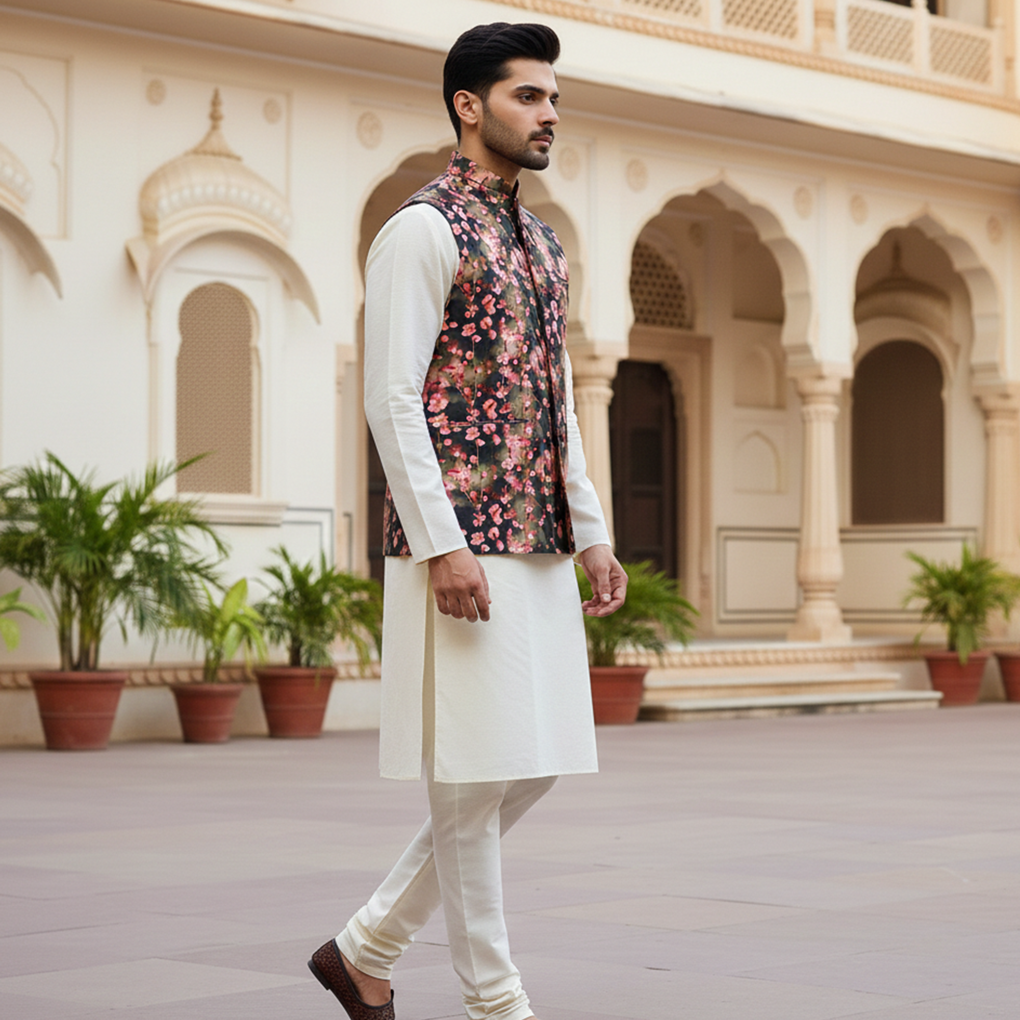 Men’s Black Floral Printed Nehru Jacket with Ivory  Kurta Pajama – Elegant Festive Ensemble
