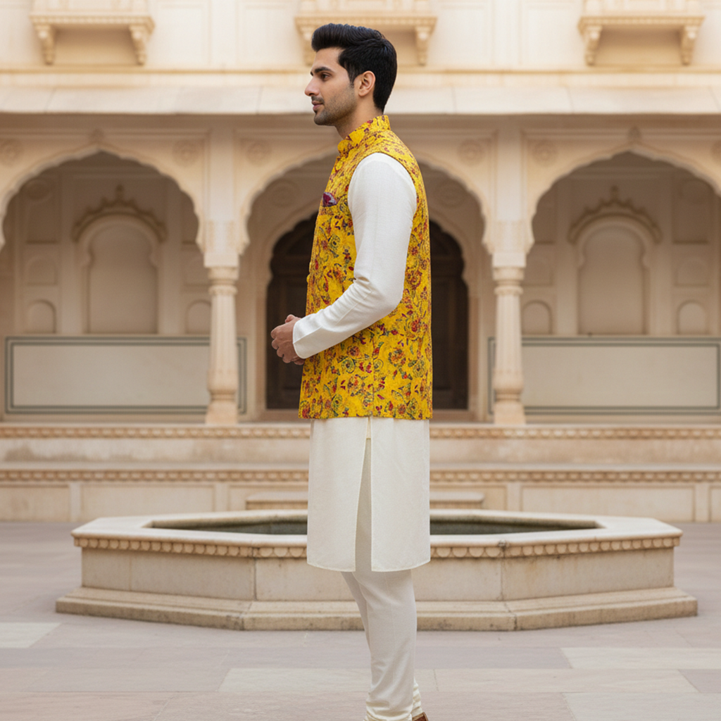 Men’s Yellow Floral Printed Nehru Jacket with Ivory Kurta  Pajama – Festive & Wedding Wear Set
