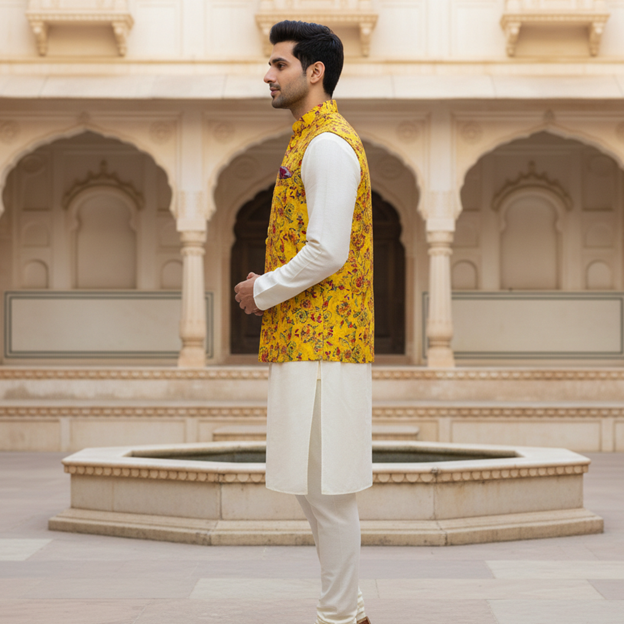 Men’s Yellow Floral Printed Nehru Jacket with Ivory Kurta  Pajama – Festive & Wedding Wear Set