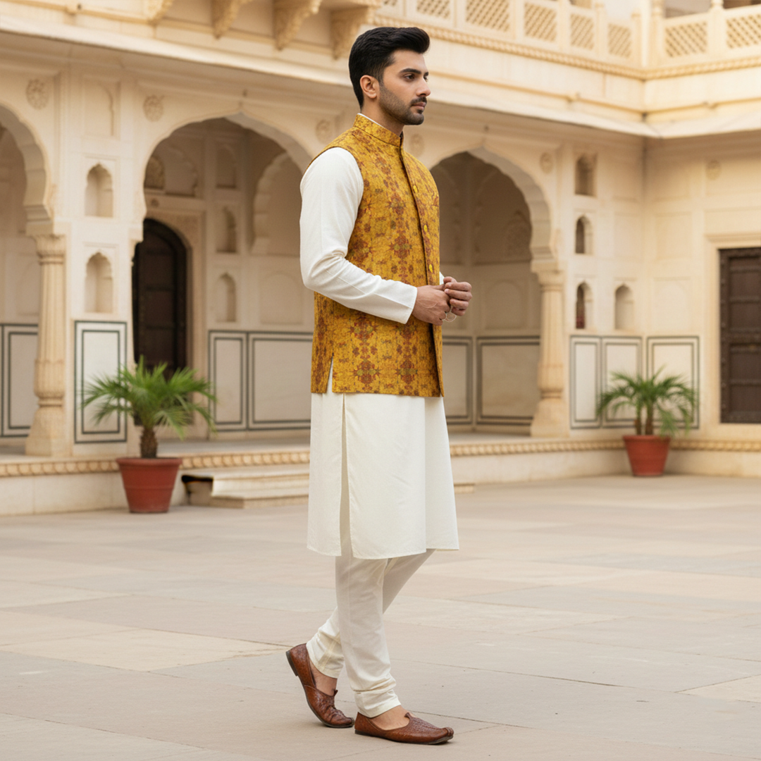 Men’s Mustard Textured Nehru Jacket with Ivory Kurta Pajama – Festive & Wedding