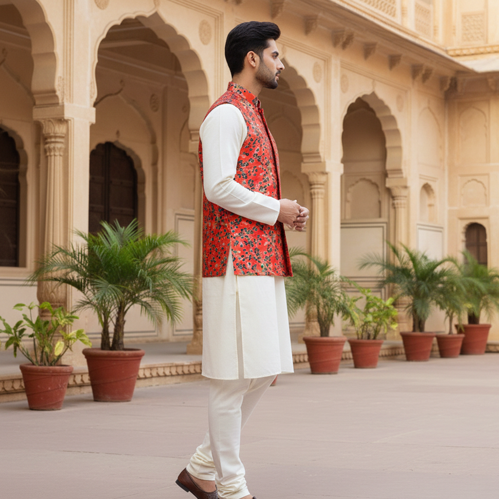 Men’s Red Floral Print Nehru Jacket with Ivory Kurta Pajama –  Festive & Wedding Wear