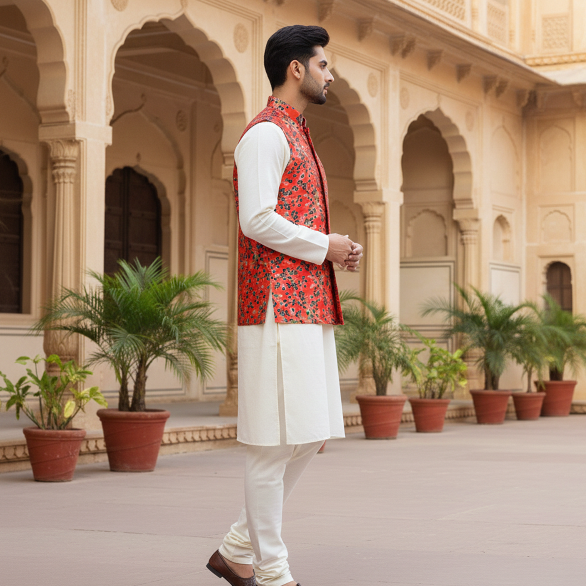 Men’s Red Floral Print Nehru Jacket with Ivory Kurta Pajama –  Festive & Wedding Wear