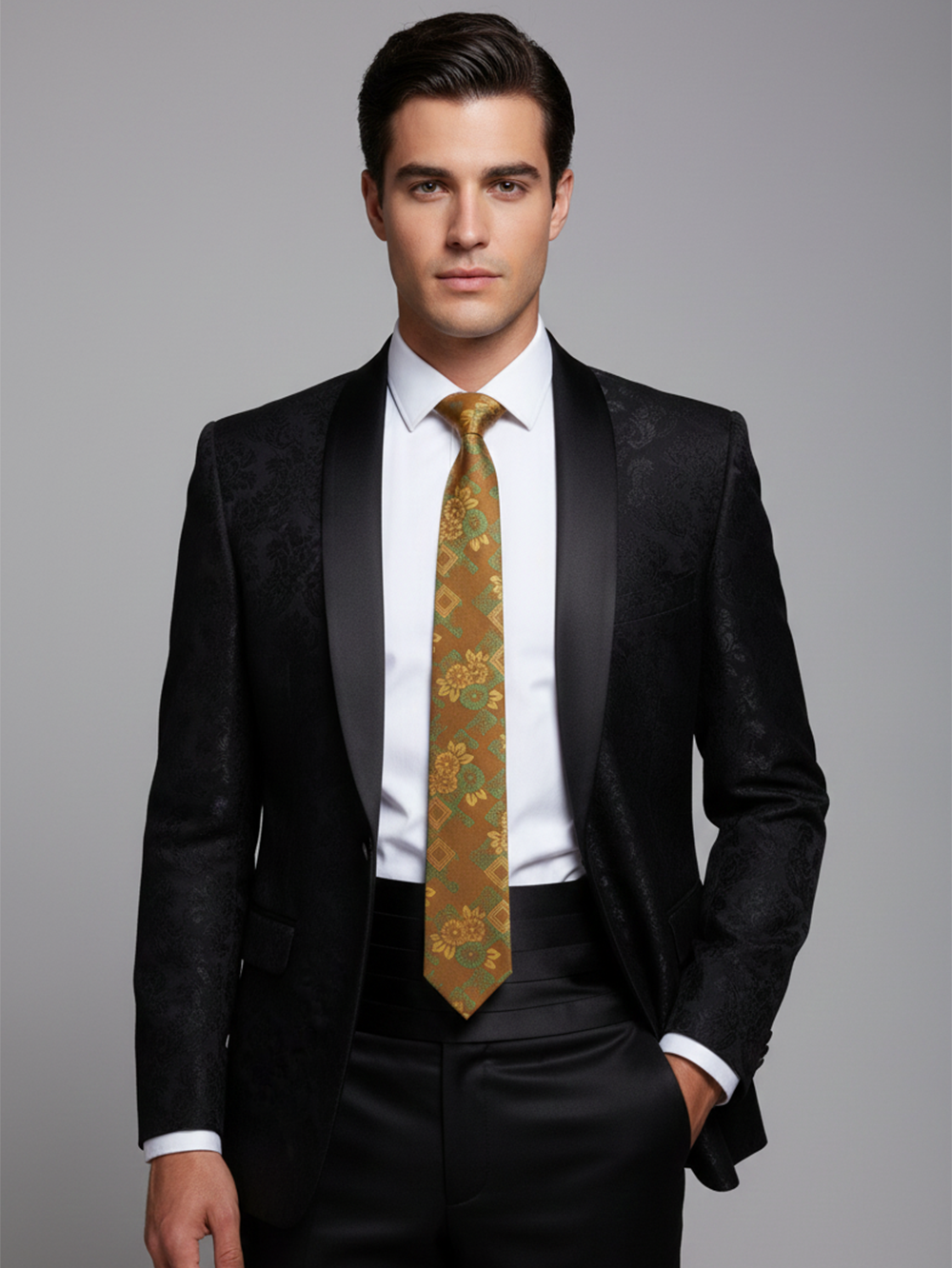 Premium Men's Silk-Blend Necktie – Chestnut Ochre Tan Tie with Elegant Green and Dull Gold Vintage Japanese Chrysanthemum Floral Pattern