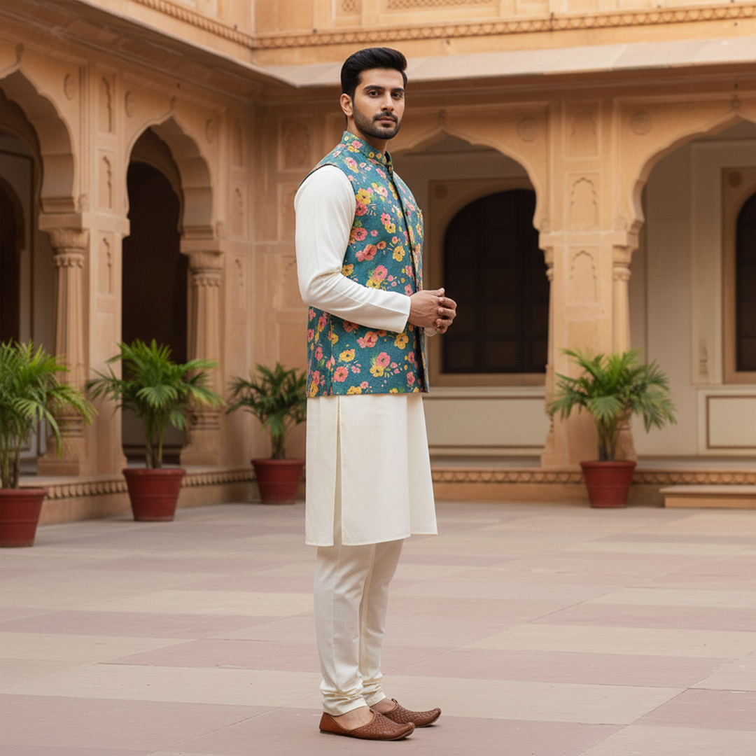 Men’s Teal Floral Printed Nehru Jacket with Ivory Kurta  Pajama – Festive & Wedding Wear