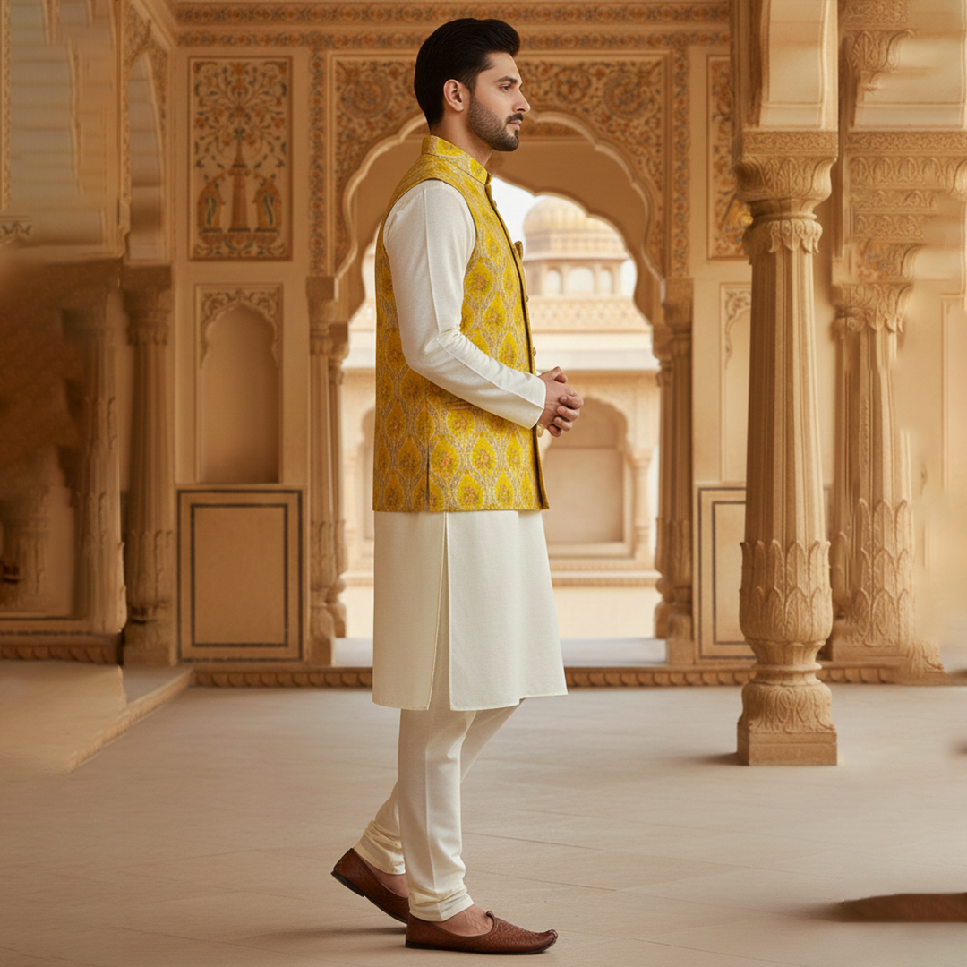 Men’s Yellow Jacquard Nehru Jacket with Ivory Kurta  Pajama – Festive & Wedding Wear