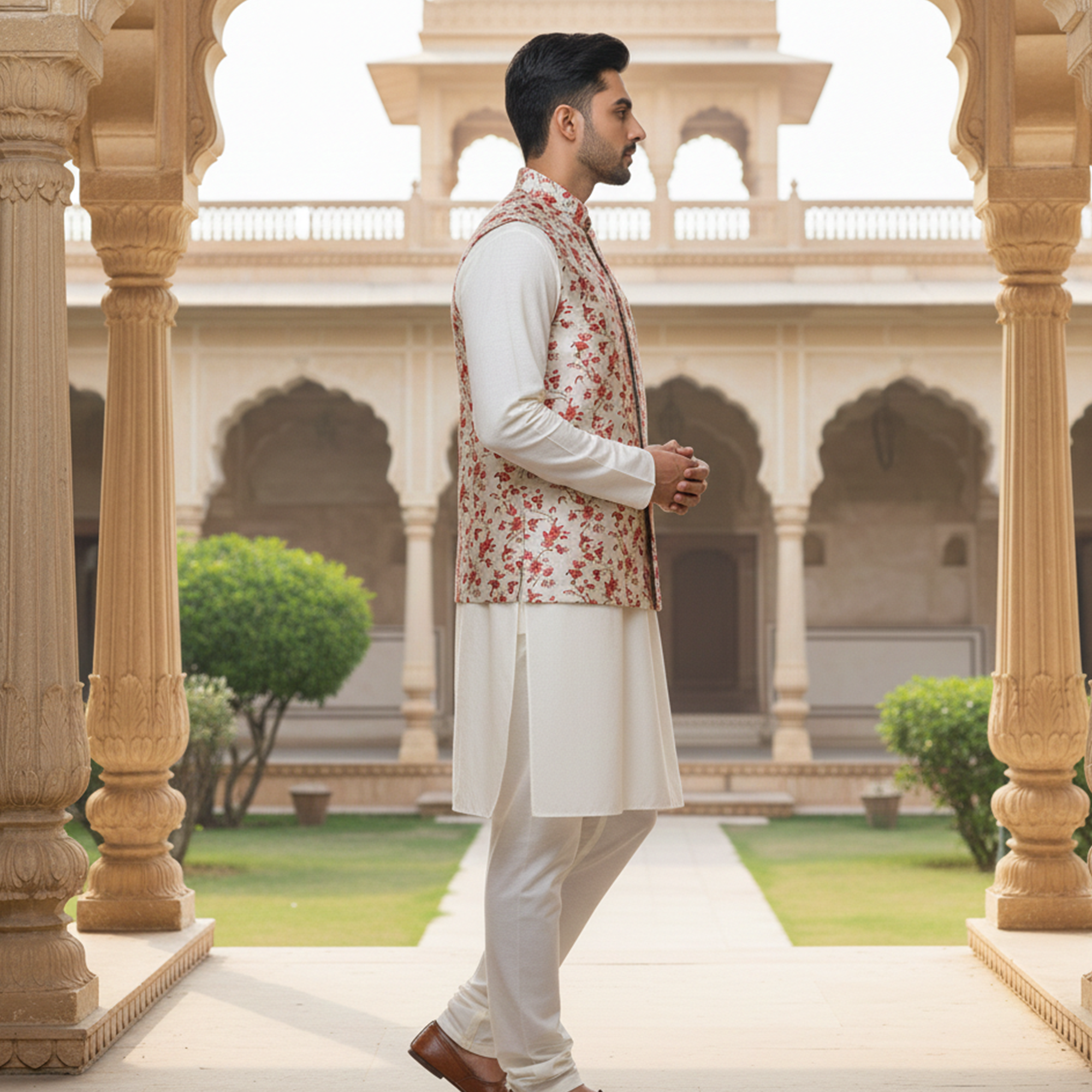 Men’s Ivory Floral Print Nehru Jacket with Kurta Pajama –  Elegant Festive Wear
