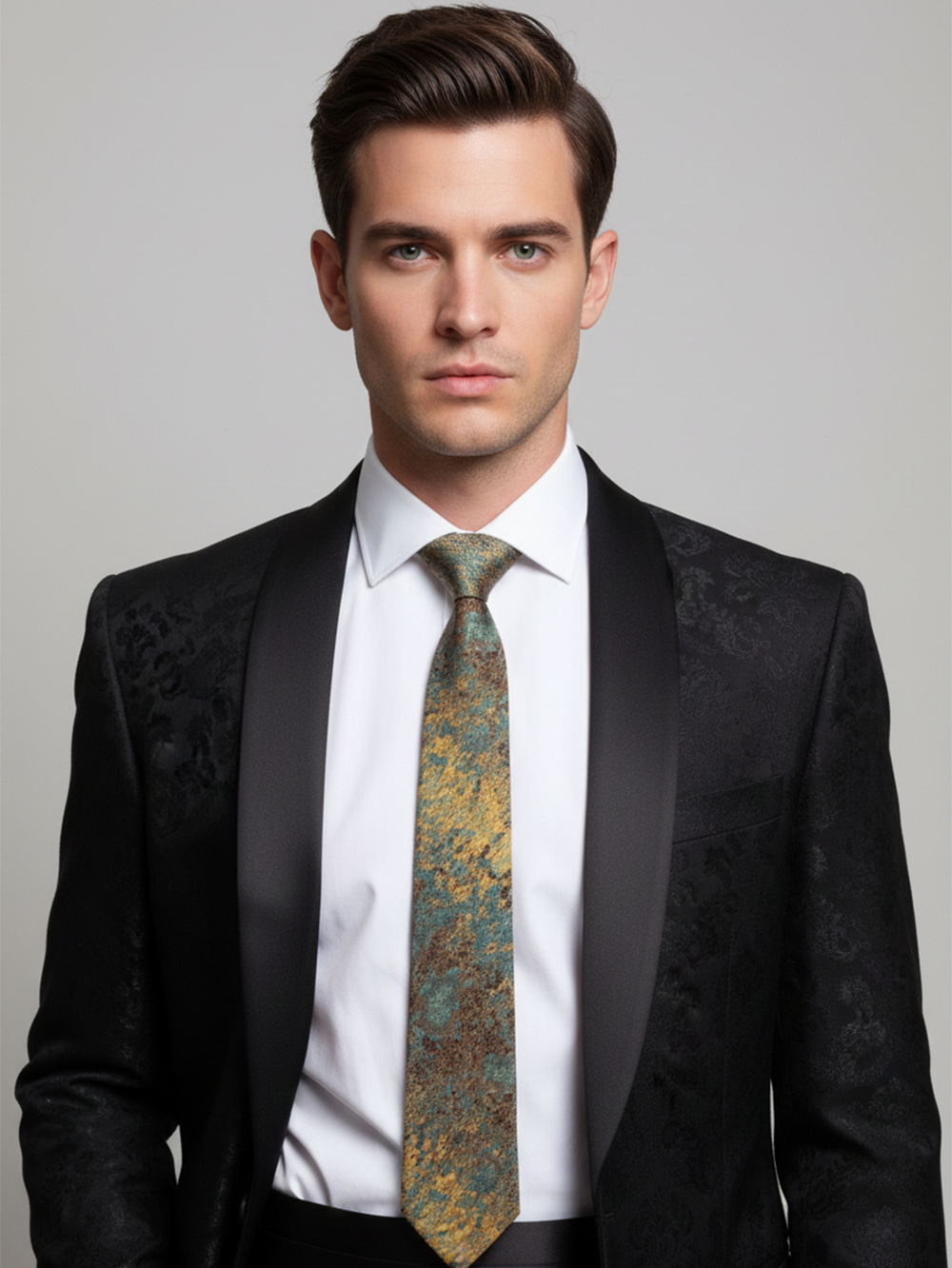 Premium Men's Silk-Blend Necktie – Muted Sage Green and Antique Gold Tie with Elegant Abstract Distressed Marble Splatter Pattern