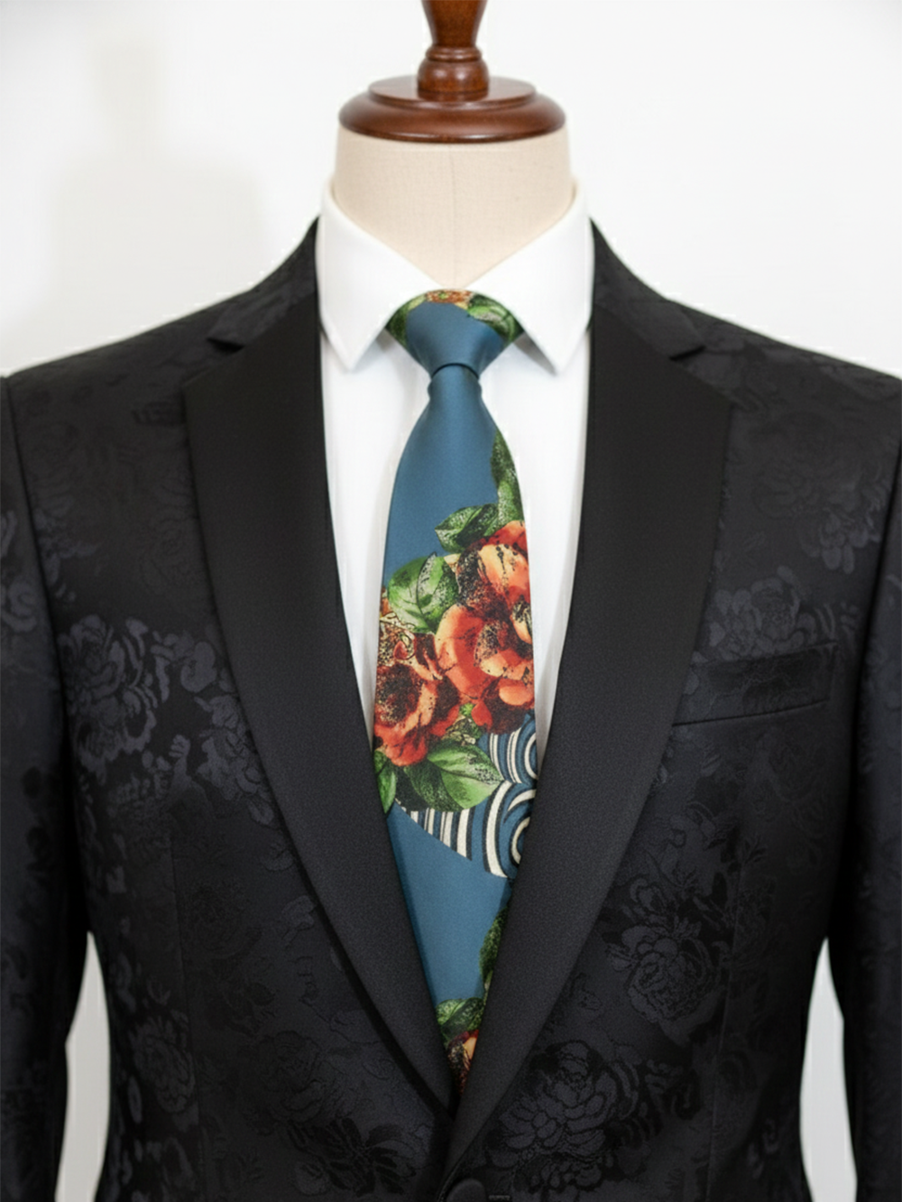 Premium Men's Floral Necktie – Blue Silk-Blend Tie with Orange, Green, and Red Vintage Botanical Flower Pattern