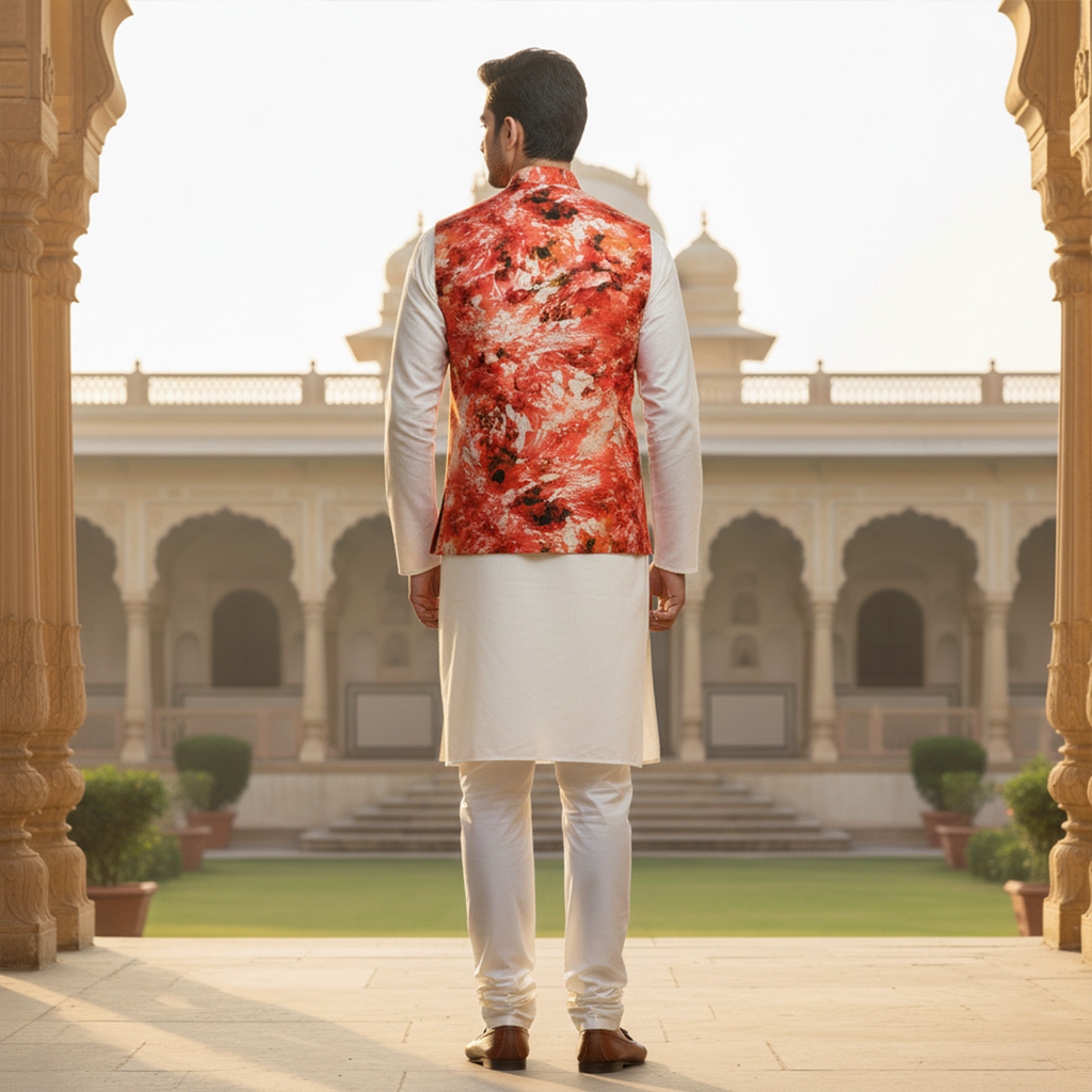 Men’s Red Floral Nehru Jacket with Ivory Kurta Pajama –  Festive Wedding Ethnic Wear