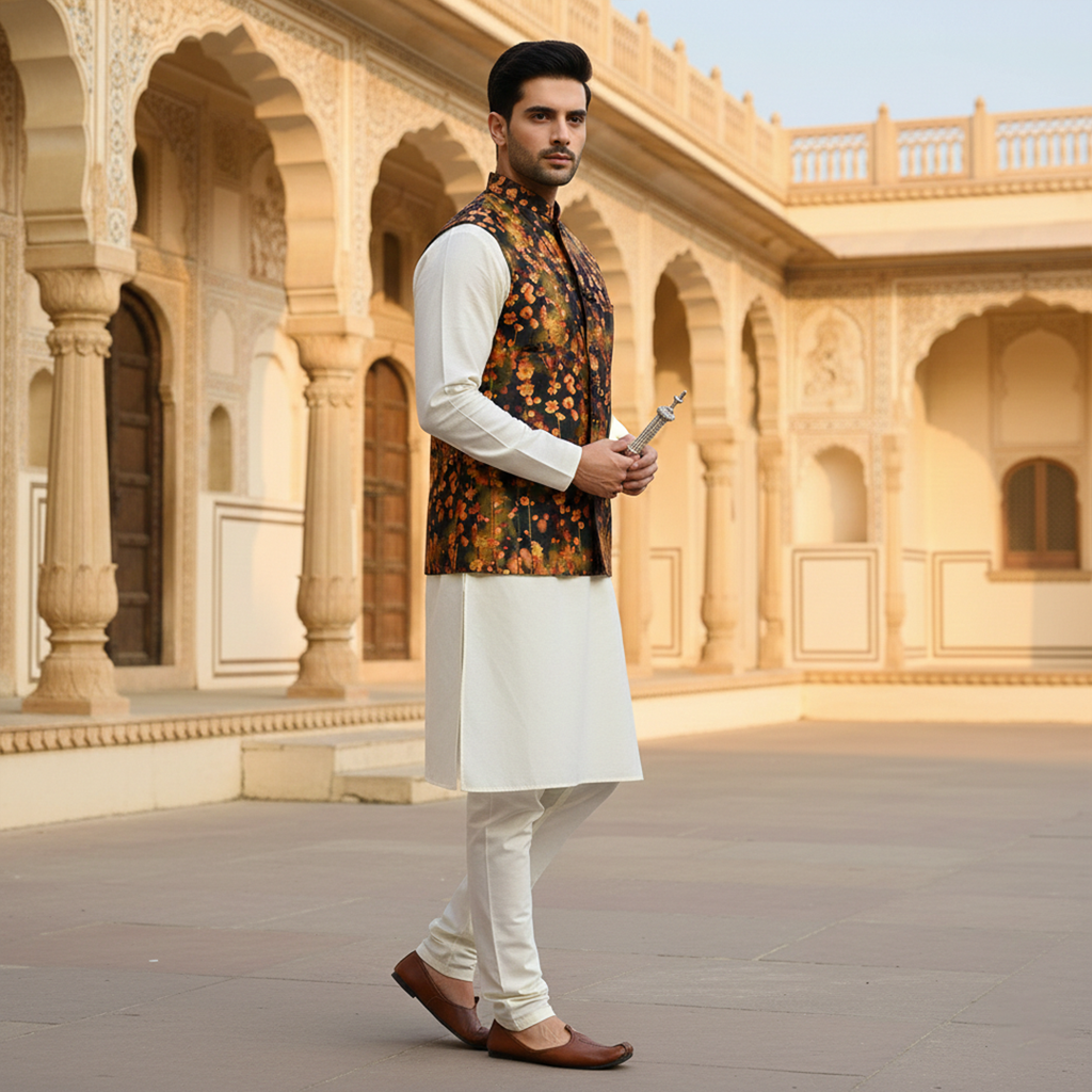 Men’s Dark Floral Nehru Jacket with Ivory Kurta Pajama –  Contemporary Festive Wear