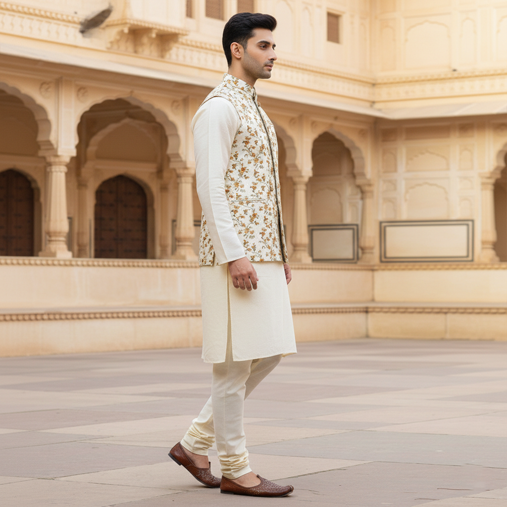Men’s Ivory Floral Nehru Jacket with Kurta Pajama – Elegant  Festive Wear