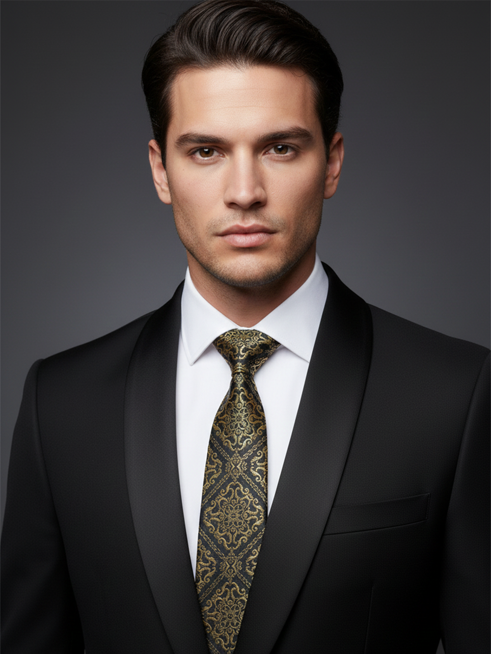 Premium Men's Silk-Blend Necktie – Black and Gold Tie with Elegant Vintage Baroque Floral Medallion Pattern