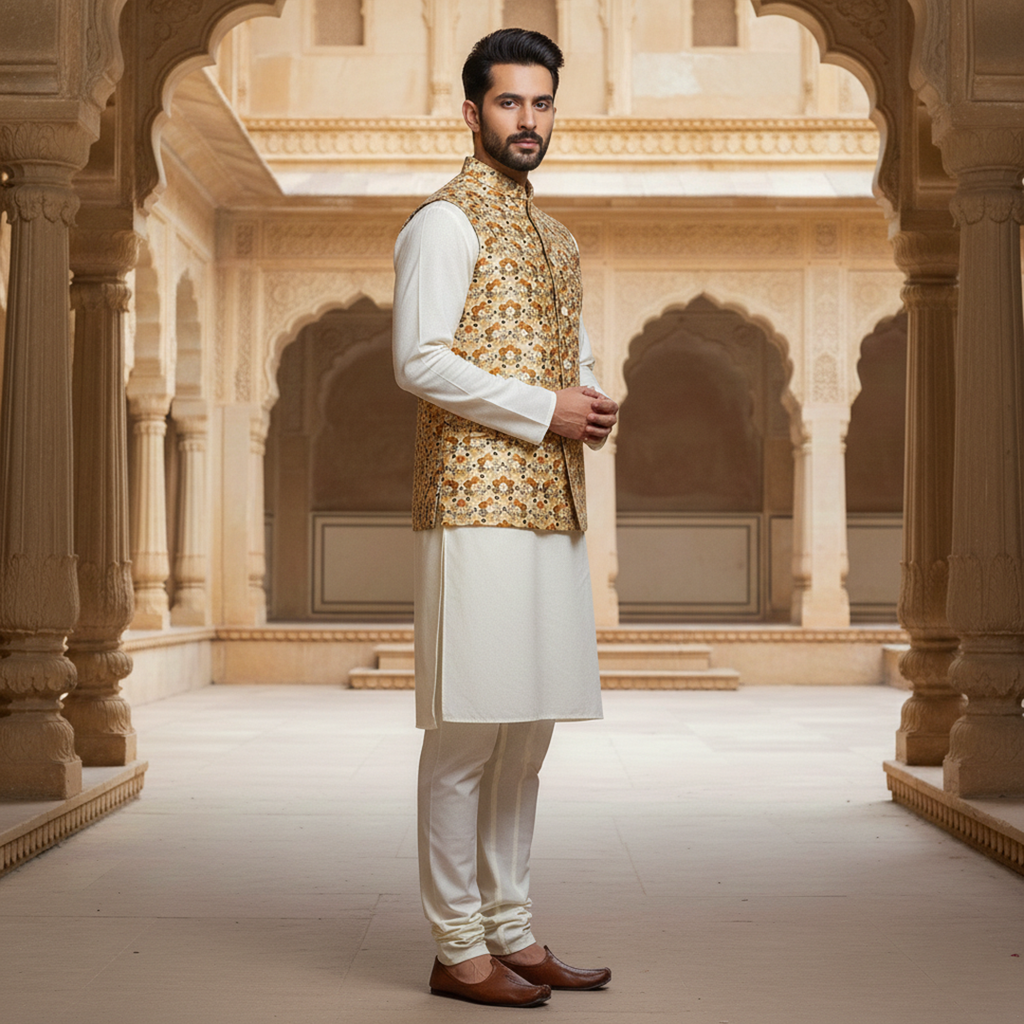 Men’s Floral Print Nehru Jacket with Ivory Kurta Pajama –  Elegant Festive Ensemble