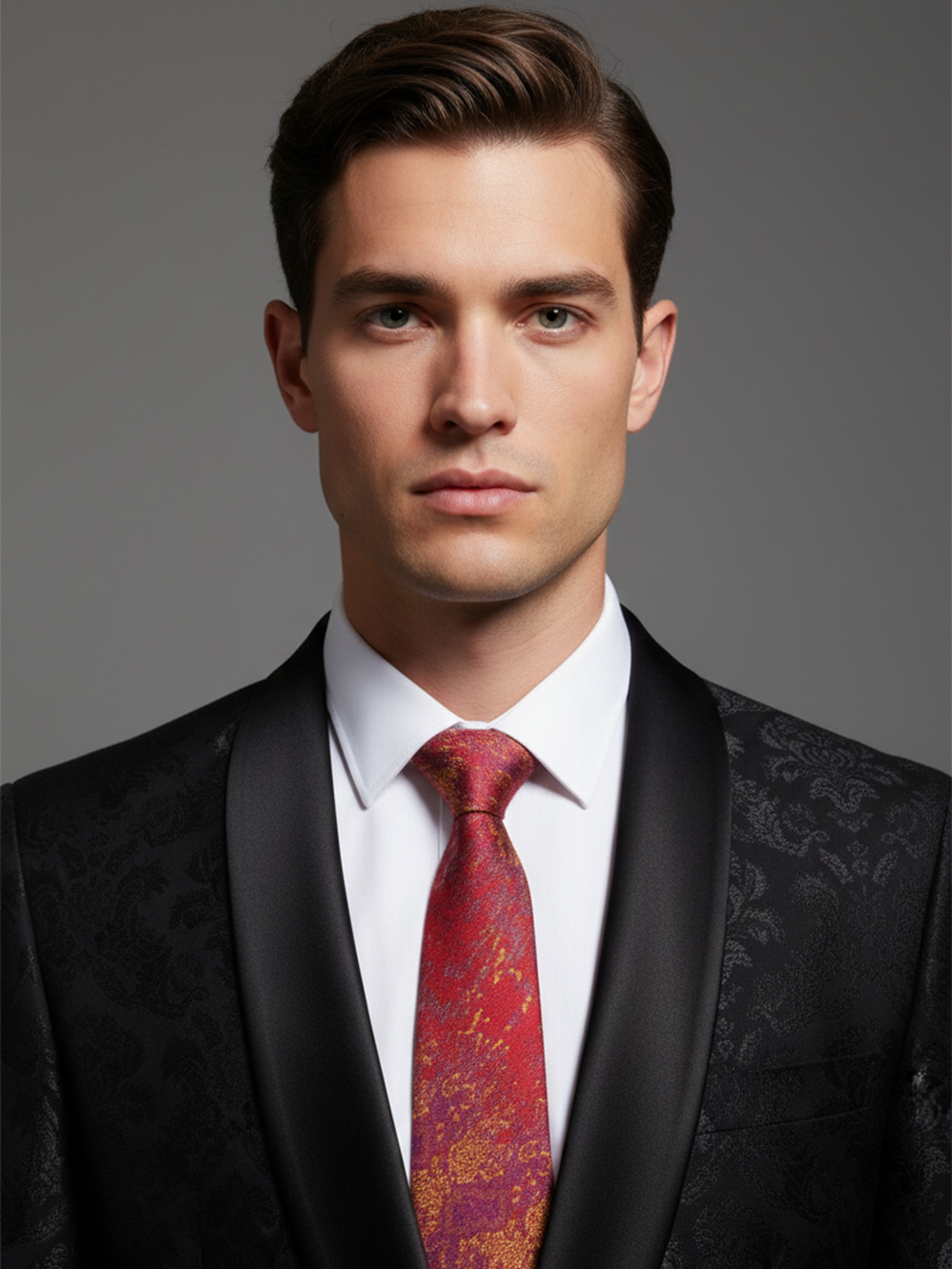 Premium Men's Silk-Blend Necktie – Vibrant Crimson Red and Plum Purple Tie with Elegant Metallic Gold Abstract Speckled Marble Splatter Pattern