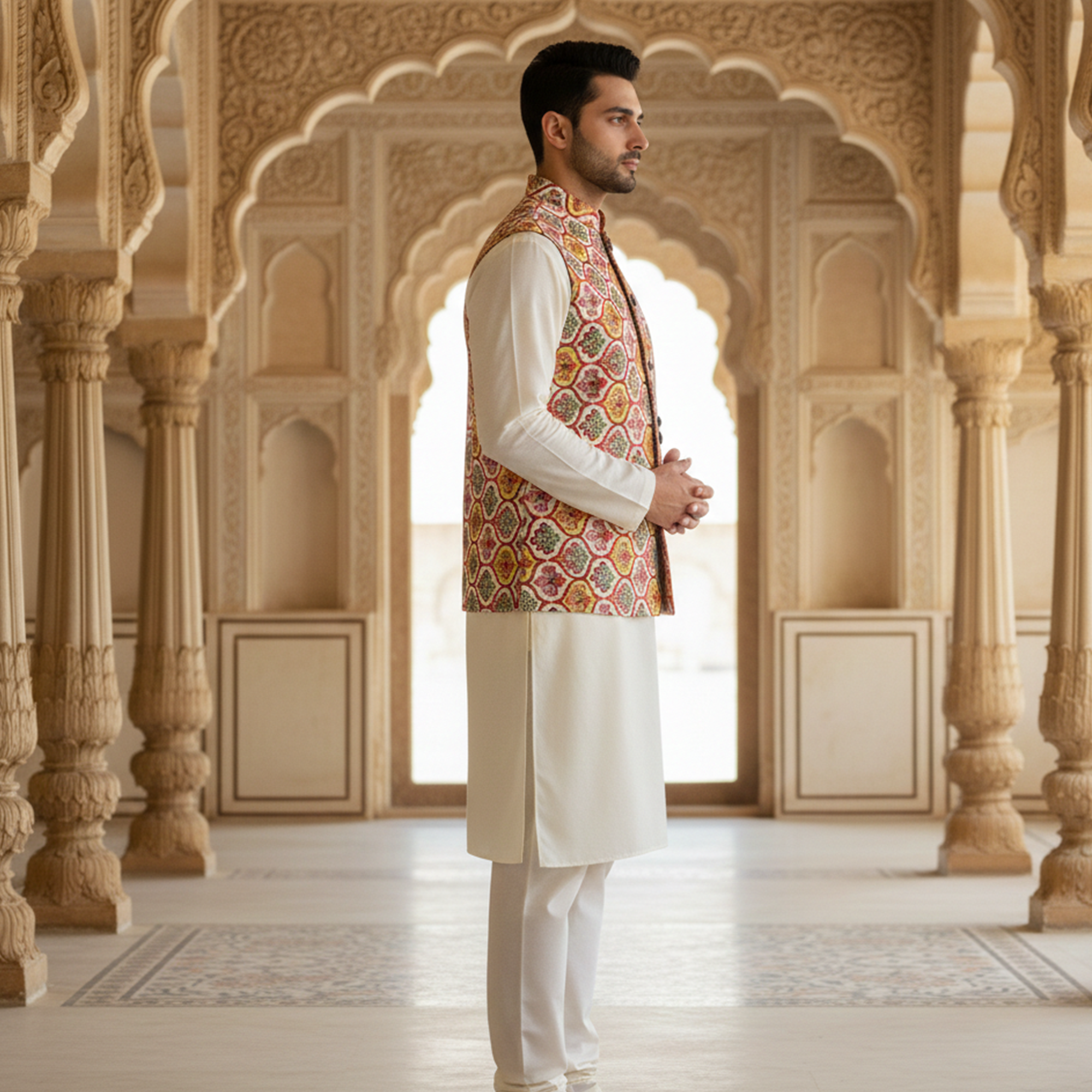 Men’s Multicolor Heritage Print Nehru Jacket with Ivory  Kurta Pajama – Festive Ethnic Wear