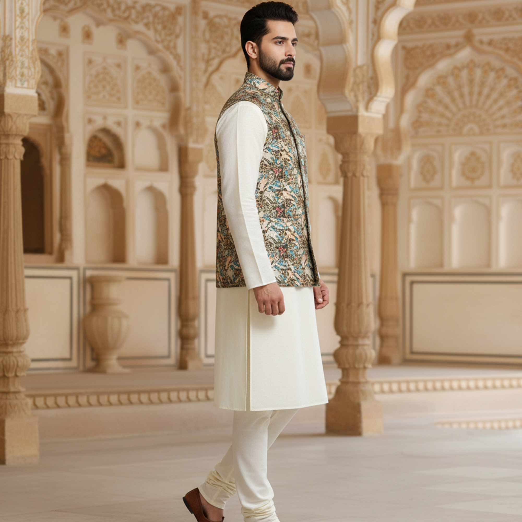 Men’s Multicolor Heritage Print Nehru Jacket with Ivory Kurta  Pajama – Festive Elegance