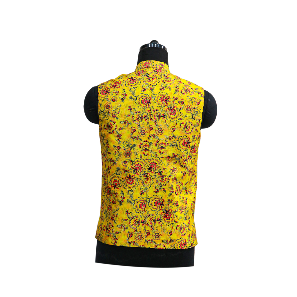 Men’s Yellow Floral Printed Nehru Jacket with Ivory Kurta  Pajama – Festive & Wedding Wear Set