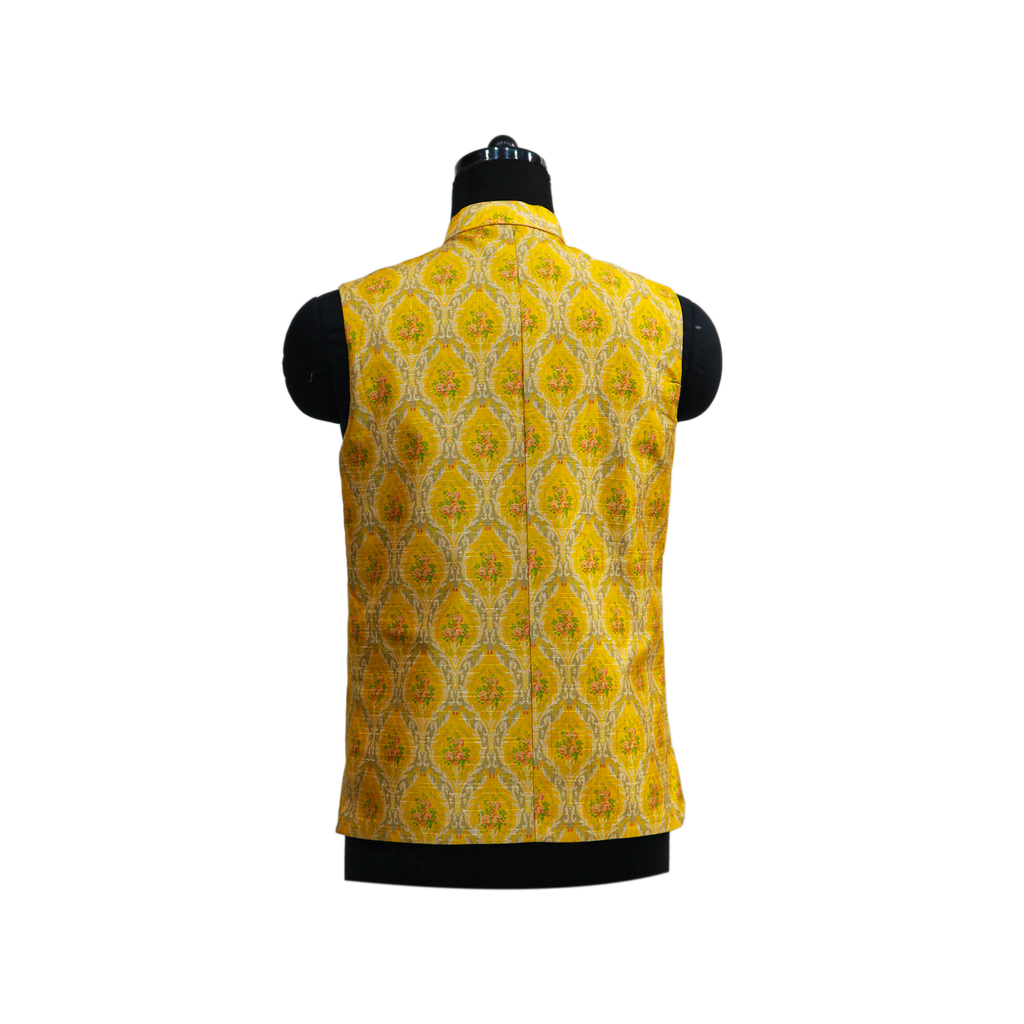 Men’s Yellow Jacquard Nehru Jacket with Ivory Kurta  Pajama – Festive & Wedding Wear