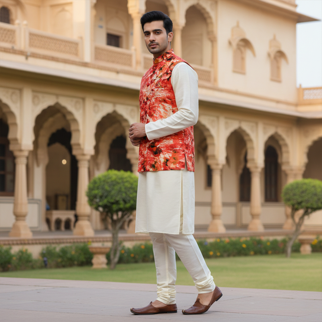 Men’s Red Floral Nehru Jacket with Ivory Kurta Pajama –  Festive Wedding Ethnic Wear