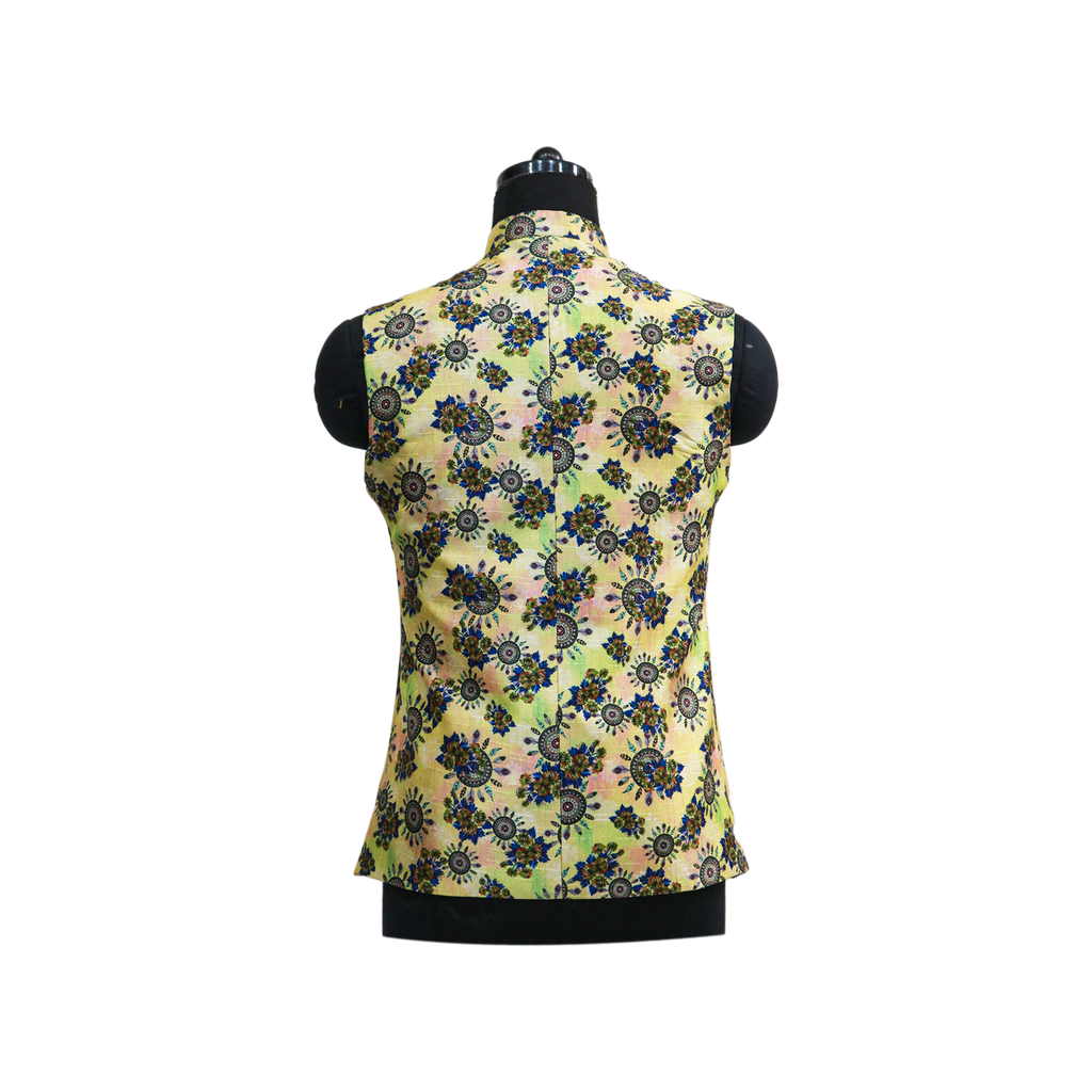 Men’s Yellow Floral Nehru Jacket with Ivory Kurta Pajama –  Elegant Festive Ethnic Wear