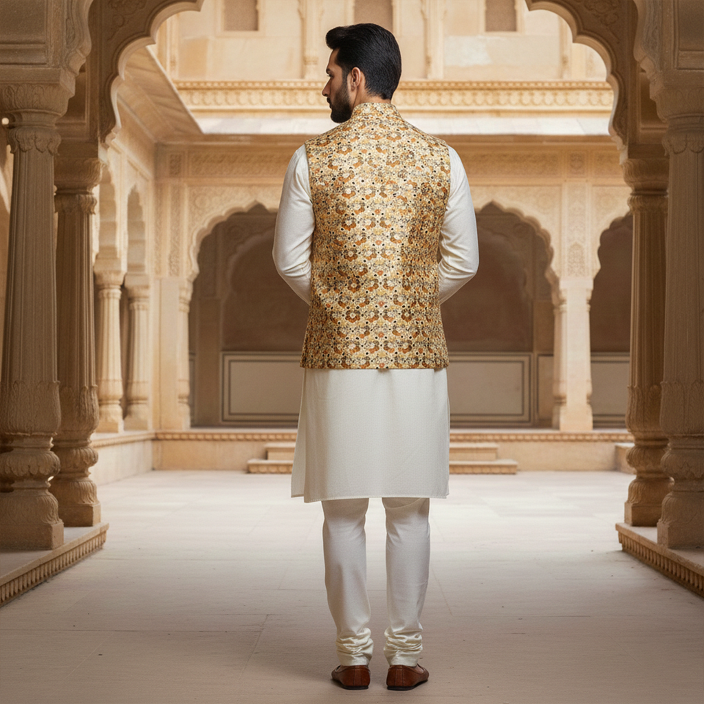 Men’s Floral Print Nehru Jacket with Ivory Kurta Pajama –  Elegant Festive Ensemble