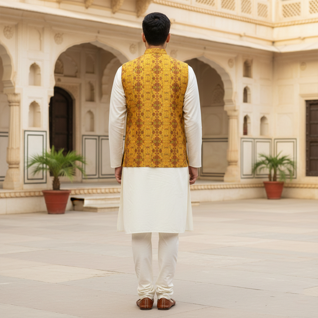 Men’s Mustard Textured Nehru Jacket with Ivory Kurta Pajama – Festive & Wedding