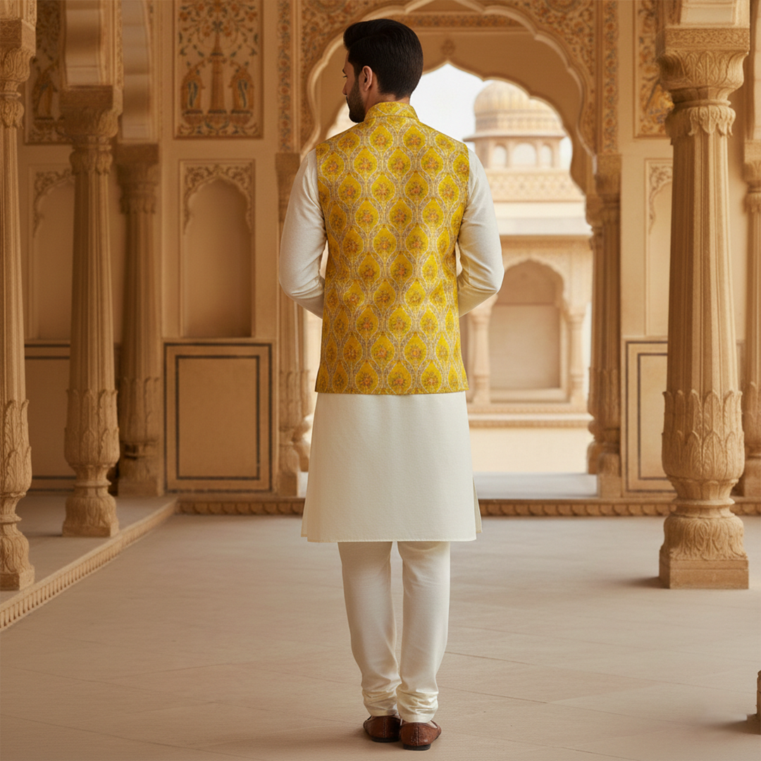 Men’s Yellow Jacquard Nehru Jacket with Ivory Kurta  Pajama – Festive & Wedding Wear