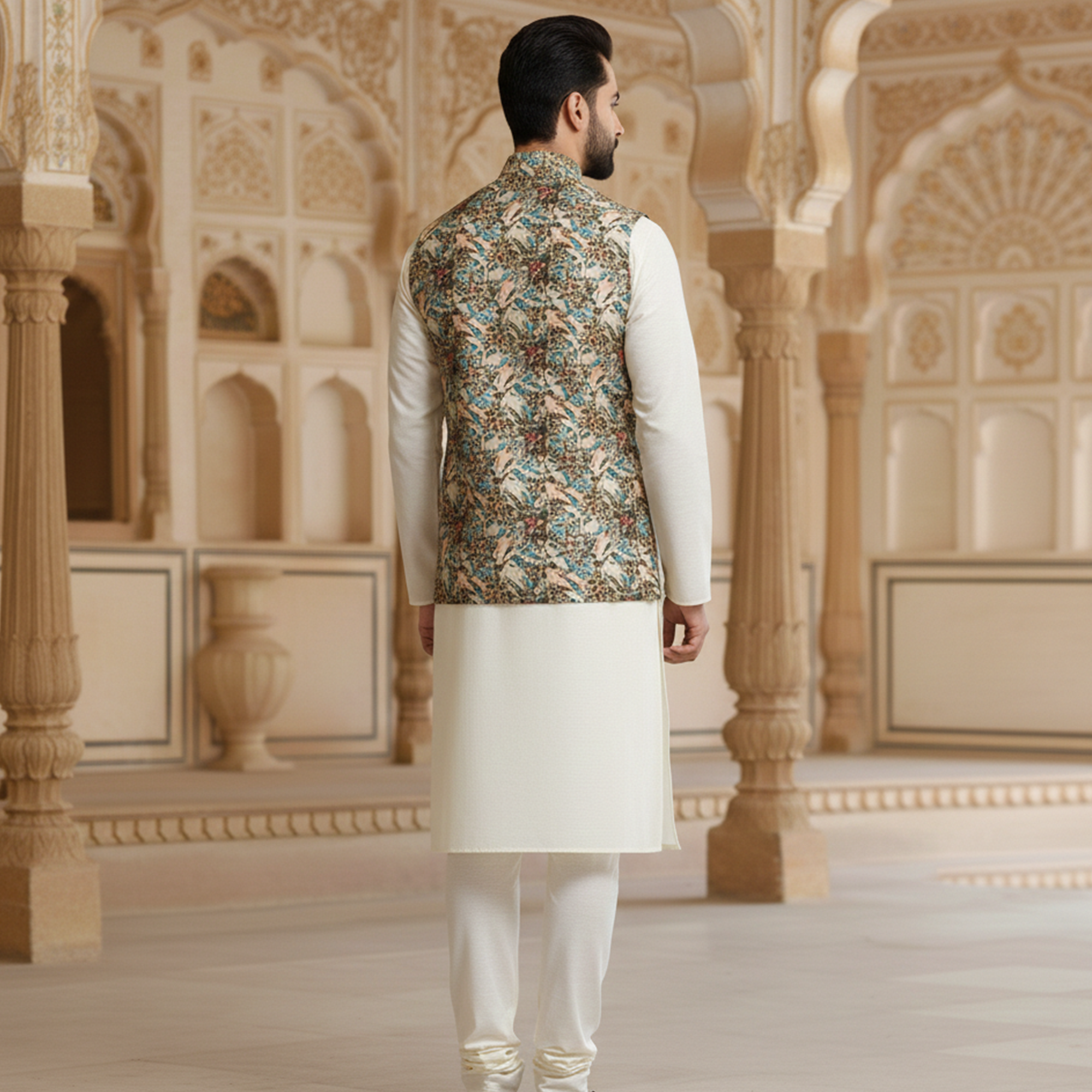 Men’s Multicolor Heritage Print Nehru Jacket with Ivory Kurta  Pajama – Festive Elegance