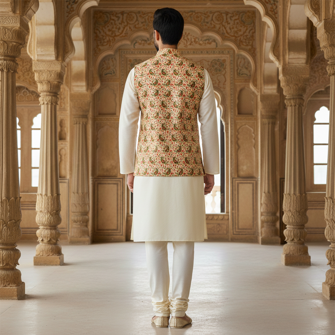 Men’s Floral Nehru Jacket with Ivory Kurta Pajama –  Elegant Festive & Wedding Wear