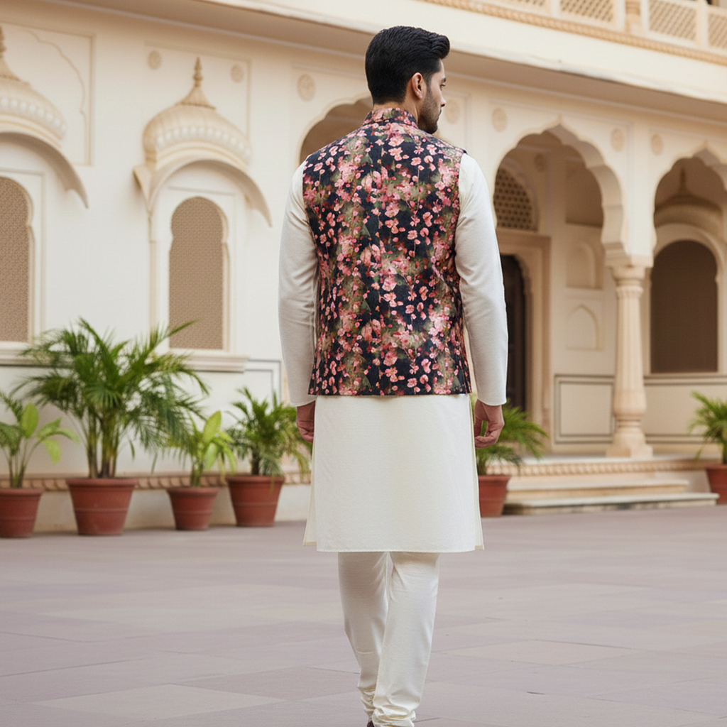 Men’s Black Floral Printed Nehru Jacket with Ivory  Kurta Pajama – Elegant Festive Ensemble