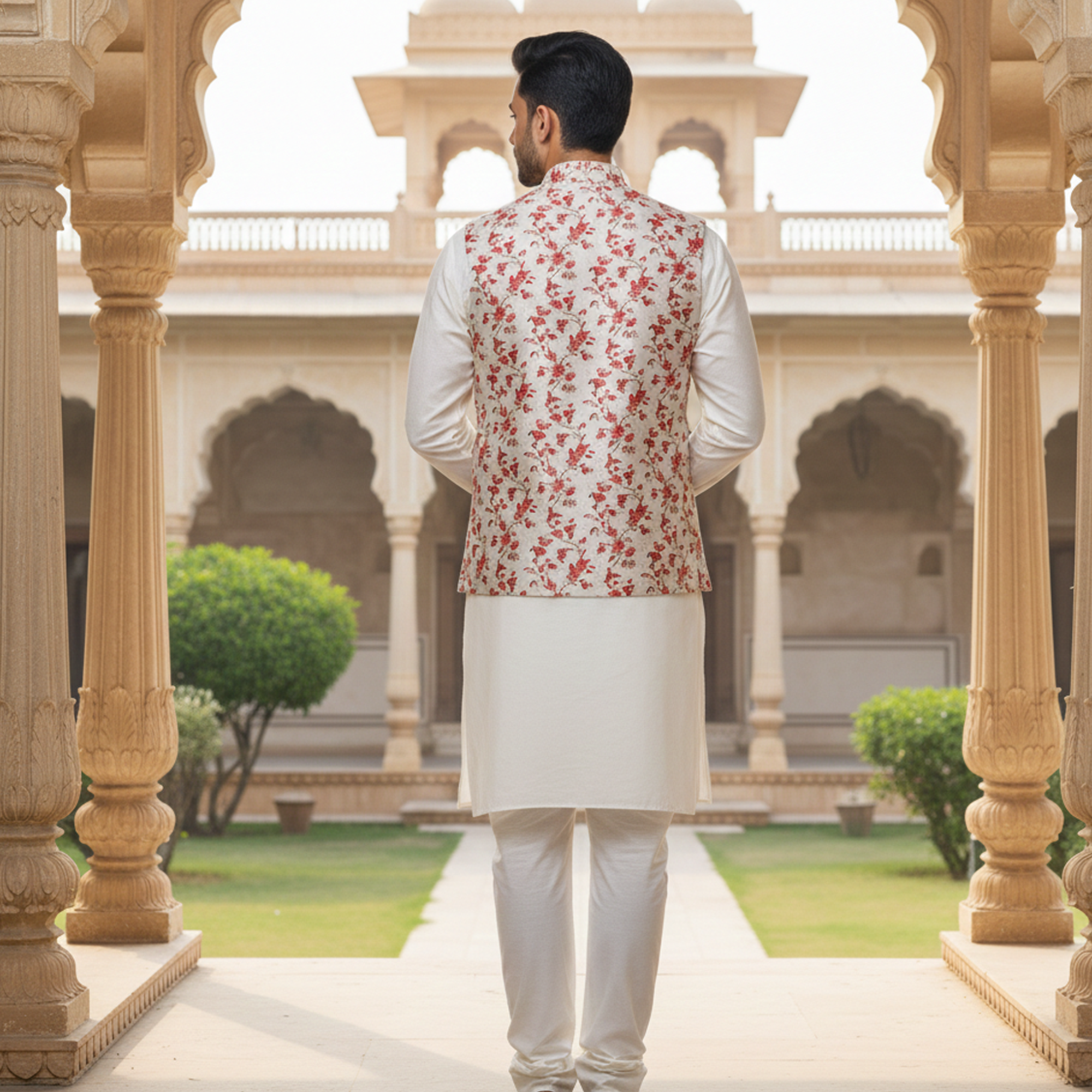 Men’s Ivory Floral Print Nehru Jacket with Kurta Pajama –  Elegant Festive Wear