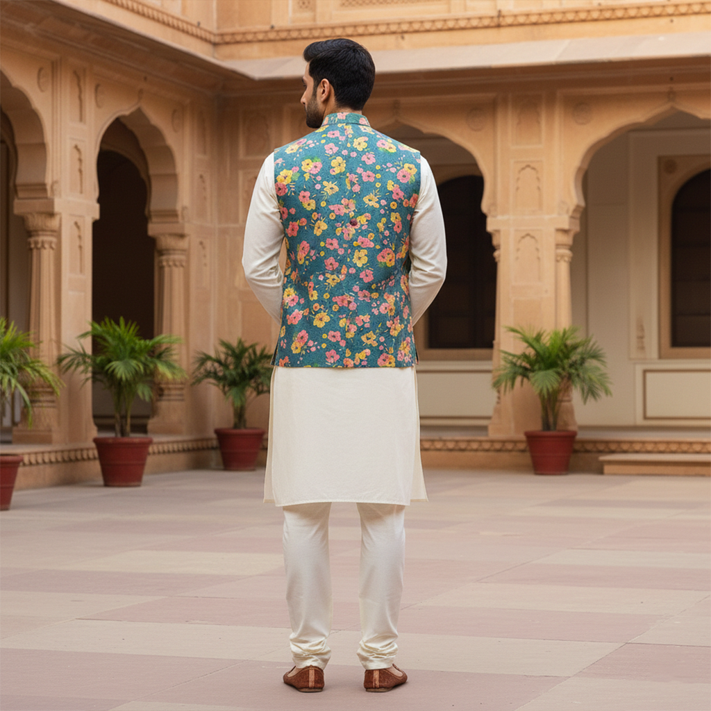 Men’s Teal Floral Printed Nehru Jacket with Ivory Kurta  Pajama – Festive & Wedding Wear