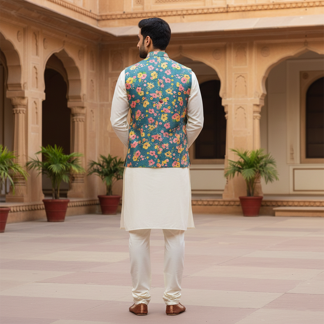 Men’s Teal Floral Printed Nehru Jacket with Ivory Kurta  Pajama – Festive & Wedding Wear