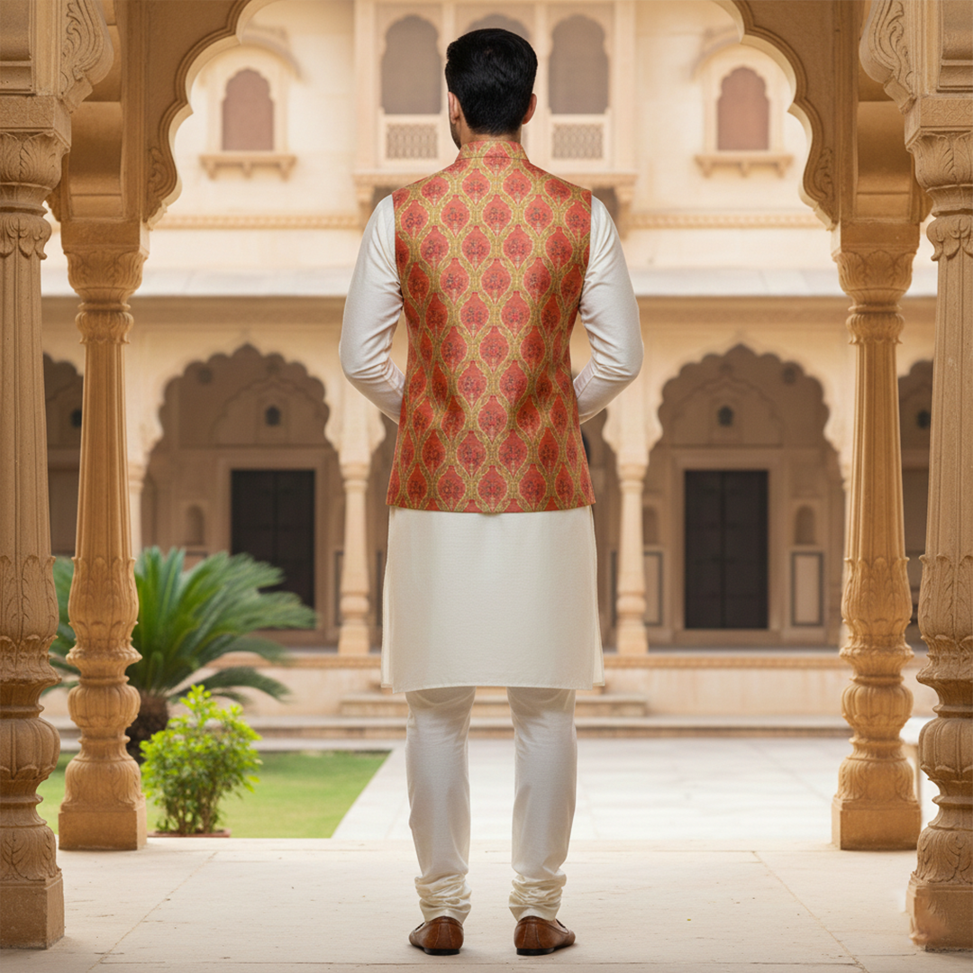 Men’s Red & Gold Patterned Nehru Jacket with Ivory Kurta  Pajama – Royal Festive Wear