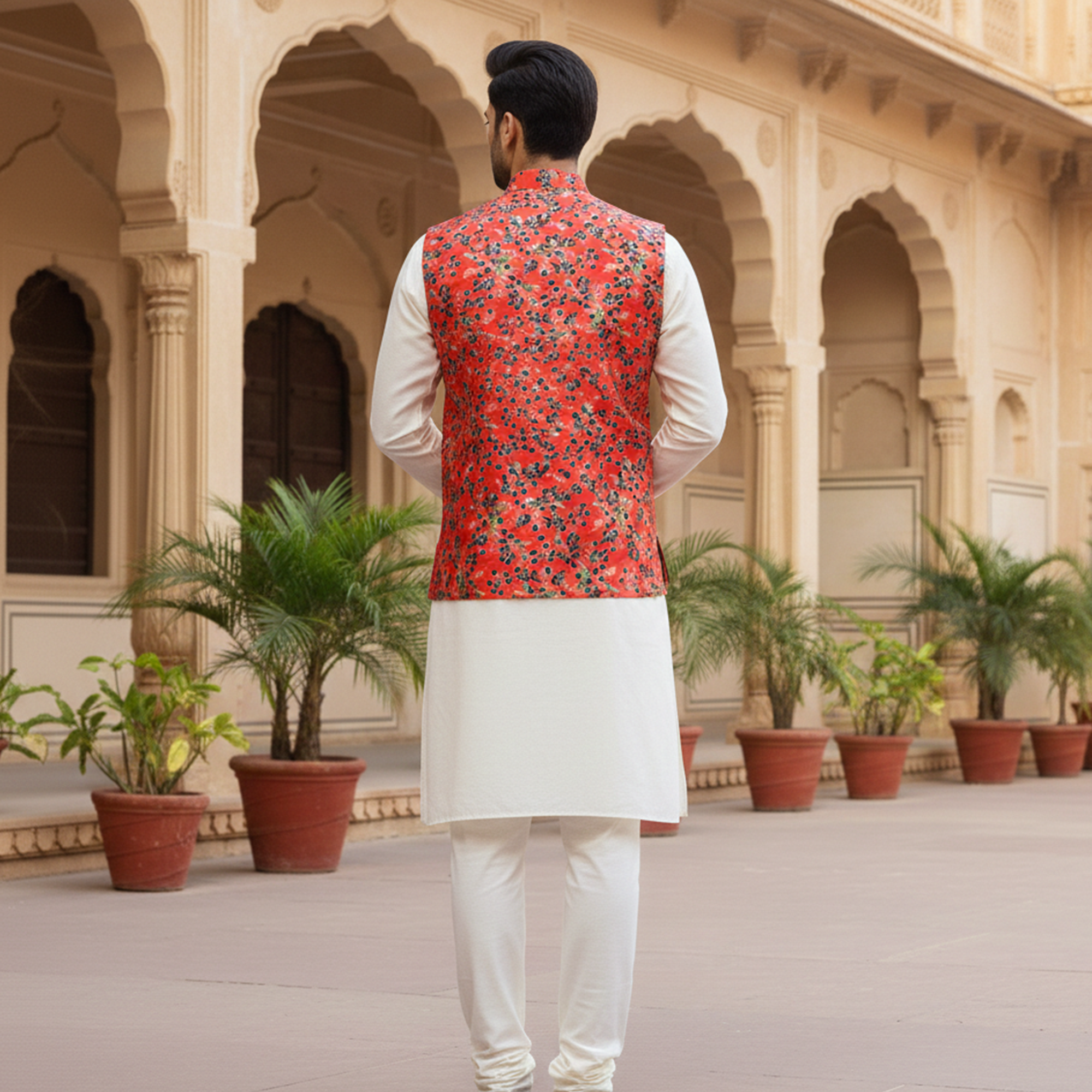 Men’s Red Floral Print Nehru Jacket with Ivory Kurta Pajama –  Festive & Wedding Wear