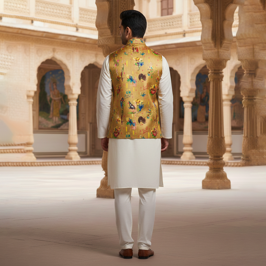 Men’s Mustard Printed Nehru Jacket with Ivory Kurta  Pajama – Contemporary Festive Wear