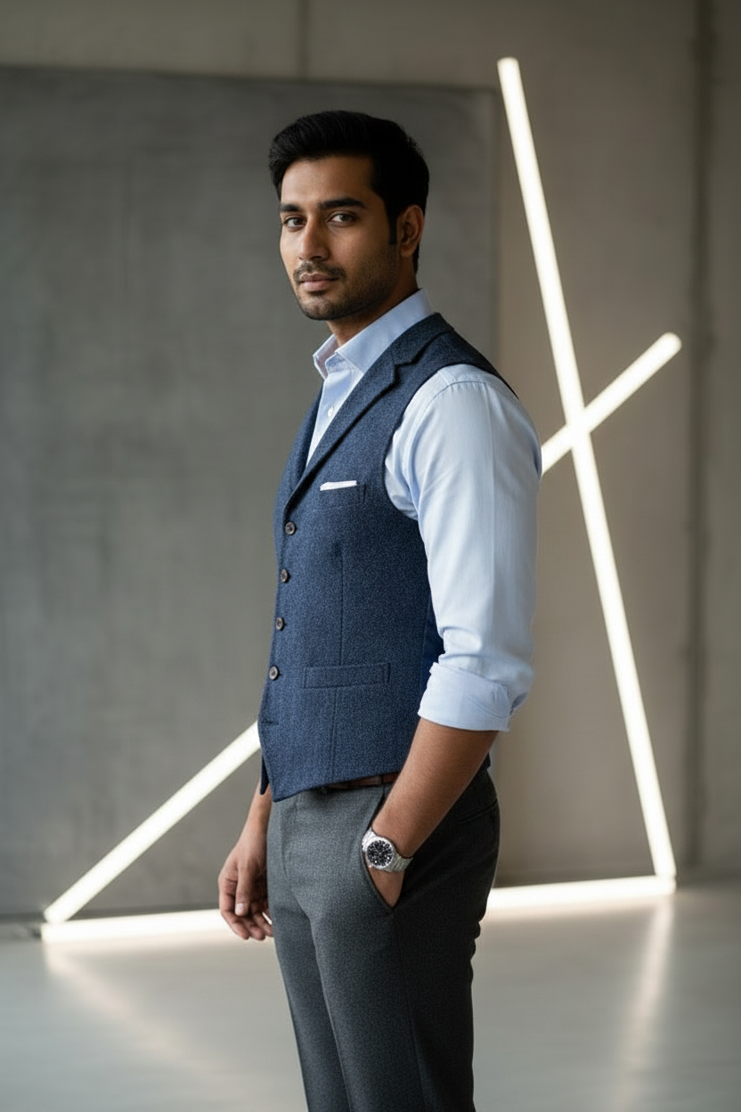 Men's Slim Fit Tweed Waistcoat Vintage Lapel Dress Suit Vest Navy Blue