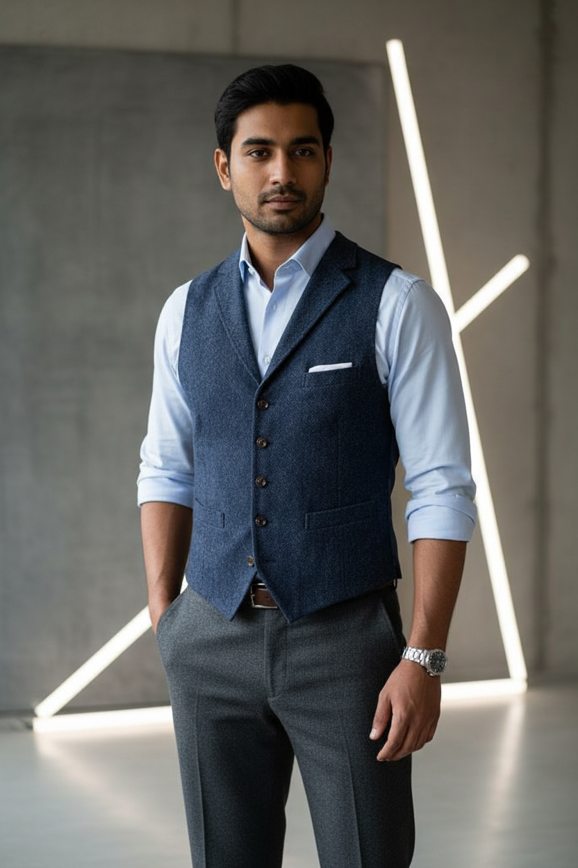 Men's Slim Fit Tweed Waistcoat Vintage Lapel Dress Suit Vest Navy Blue