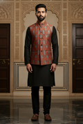 Men’s Rust Orange Printed Nehru Jacket | Ethnic Patterned Mandarin Collar Waistcoat for Festive & Wedding Wear