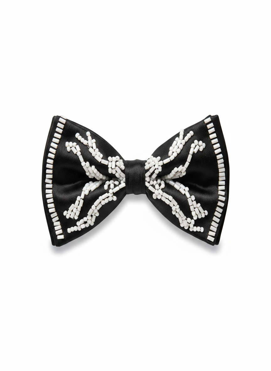Handcrafted Beaded Men's Bow Tie, Premium Black Silk Satin Formal Bowtie with White Bead Embroidery