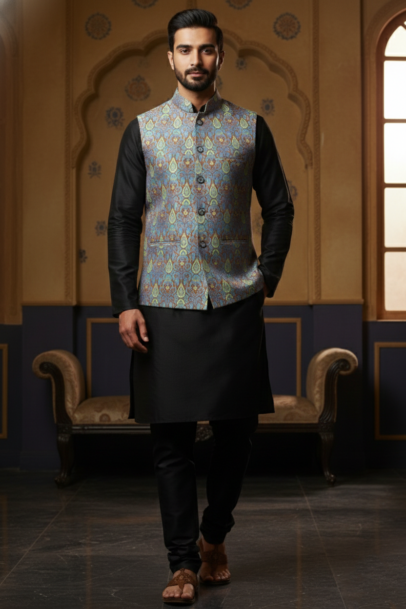 Men’s Blue Printed Nehru Jacket | Ethnic Mandarin Collar Waistcoat for Festive & Wedding Wear