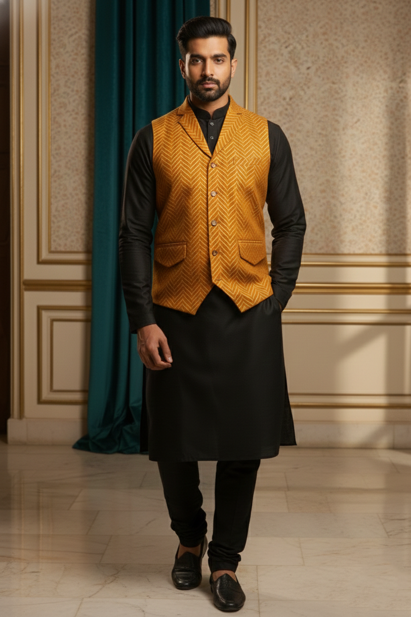 Men’s Mustard Brocade Nehru Jacket | Ethnic Wedding Festive Party Wear Sleeveless Waistcoat with Mandarin Collar for Kurta & Indo Western Outfit