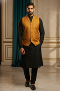 Men’s Mustard Brocade Nehru Jacket | Ethnic Wedding Festive Party Wear Sleeveless Waistcoat with Mandarin Collar for Kurta & Indo Western Outfit