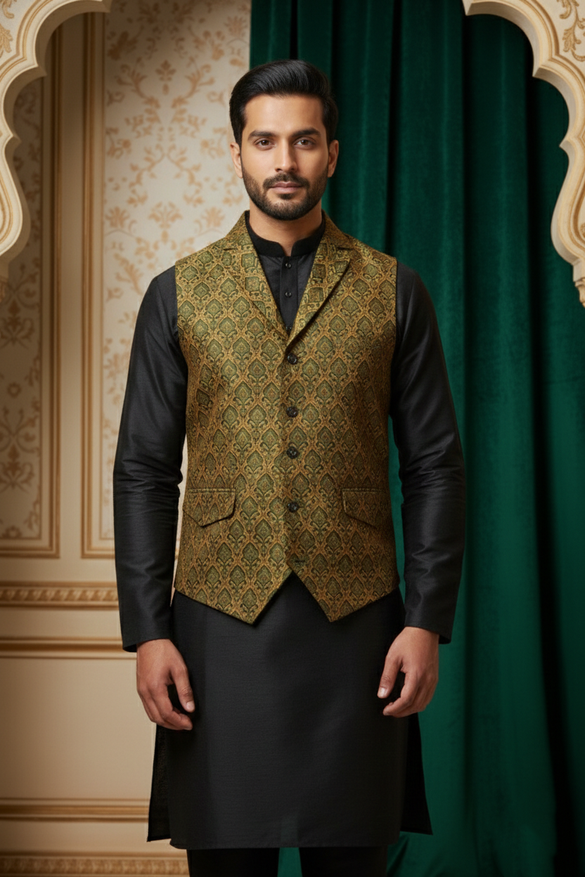 Designer Men’s Brocade Nehru Jacket | Traditional Wedding & Festival Wear Sleeveless Waistcoat with Mandarin Collar