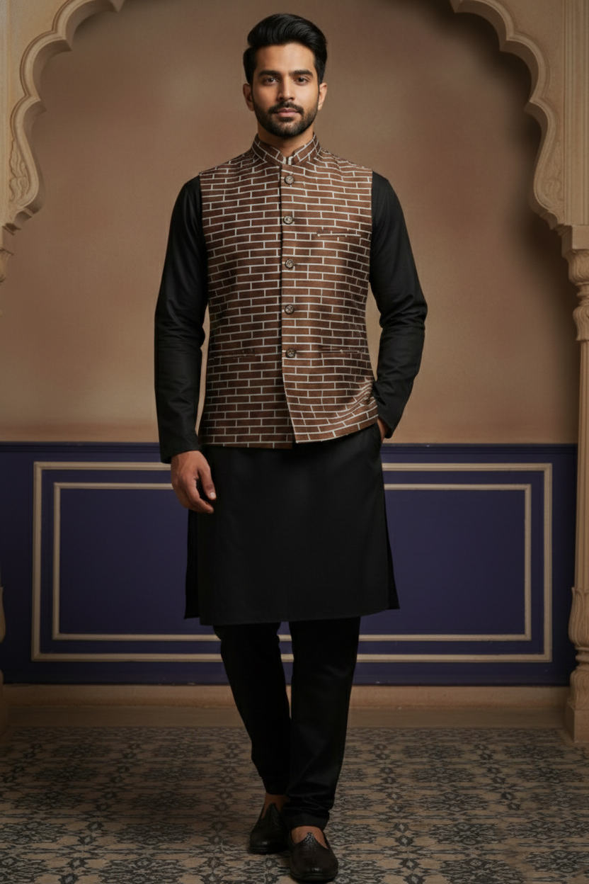 Men’s Brown Nehru Jacket with White Line Pattern