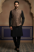 Men’s Brown Nehru Jacket with White Line Pattern