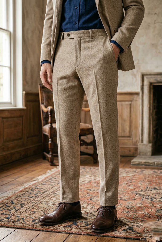 Men's Oatmeal Donegal Tweed Tailored Trousers