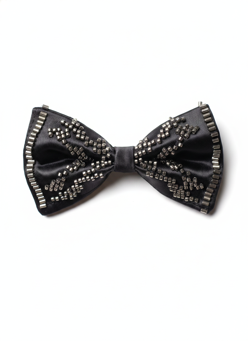 Premium Black Satin Bow Tie with Hand-Beaded Metallic Stud Embellishments – Elegant Pre-Tied Tuxedo Bowtie for Men